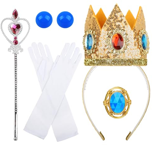 LLMSIX 5 Stück Peach Krone Set，Prinzessin Krone Zauberstäbe Broschen Ohrringe Handschuhe Prinzessin Peach Kostüm Zubehör Prinzessin Krone Mädchen für Geburtstage, Cosplay, Karneval