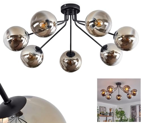 Deckenleuchte Gastor, moderne Deckenlampe aus Metall/Glas in Schwarz/Rauchfarben/Klar, Leuchte im Retro/Vintage-Design mit Schirmen aus Glas (Ø 15 cm), 7-flammig, 7 x E14, ohne Leuchtmittel