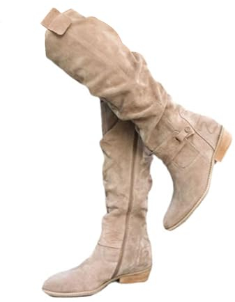 tinetill Stivali Al Ginocchio Donna Lungo Stivali Western in Pelle Scamosciata Stivali Sopra Il Ginocchio Stivali Lunghi Invernali Caldi Stivali da Cavaliere Vintage con Tacco Basso Cerniera Scarpe