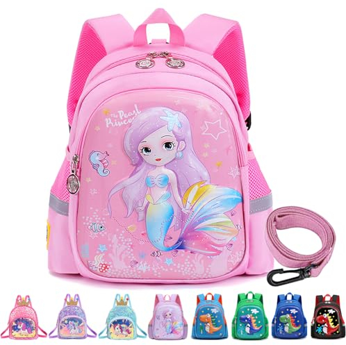 YOUYIKE Meerjungfrau Rucksack Kindergarten, 3D Rosa Meerjungfrau rucksack kinder mit Anti-verlorenes Seil, Kita Rucksack, Kindergartenrucksack für Mädchen im Alter von 2 bis 5 Jahren