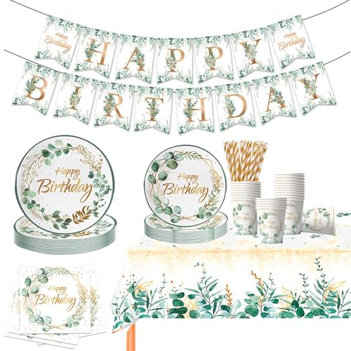 Partygeschirr Set,Geburtstag Party Geschirr,Pappteller Kindergeburtstag,16 Gästen Goldfolie Grün Birthday Pappteller mit Happy Birthday Banner für Geburtstag Party Deko Junge Mädchen