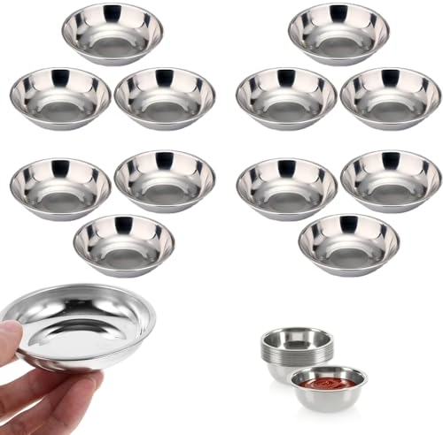 RHQFDM 12 Piezas 8CM Mini Plato para Aperitivos Pequeños Cuencos de Metal Salsa Plato de Acero Inoxidable Cuencos para Salsa Mini Cuencos para Salsa inoxidables Cuenco para Sushi