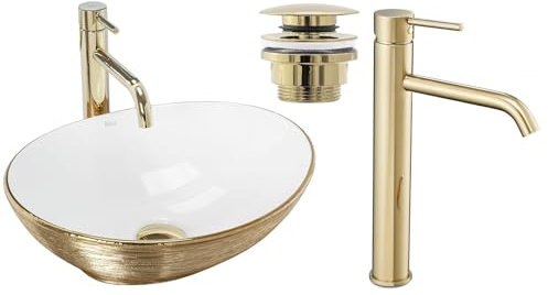 GTM Design Aufsatzwaschbecken Glanz Set mit Waschtischbatterie und Stopfen - Aufsatzwaschbecken Oval für Badezimmer - Modern Waschbecken ohne Hahnloch - Waschbecken mit Armature - Modell 5