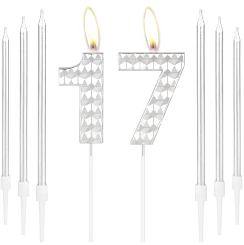 17th Birthday Decorations - Silver 17 Candles, Girls & Boys, Happy Birthday Cake Topper