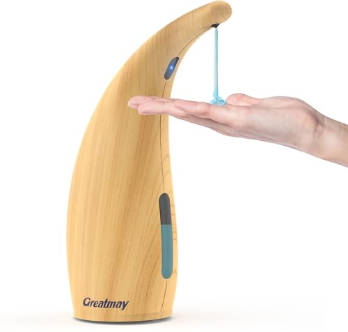 Greatmay Automatisch Seifenspender,mit 4 einstellbare Stufen,Elektrischer 300ml Berührungsloser Batteriebetriebener Seifenspender mit Sensor,IPX5 Wasserdicht für Bad,Küche(Helle Holzmaserung)