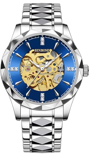 JewelryWe Herrenuhr Automatik Uhr Herren: 30m Wasserdicht Automatisch Mechanisch Armbanduhr Männer Leuchtend Skelett Militär Automatikuhr mit Silber Edelstahl Armband und Blau rundem Zifferblatt