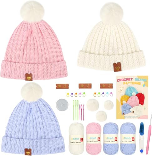 Katech Häkelset für Hut für Kinder, Häkelnadel Set mit Bebilderter mit Schritt für Schritt Englisch Anleitung und Häkelzubehör, Hut Häkelnadeln Set für Anfänger mit Wolle zum Häkeln, Strickset