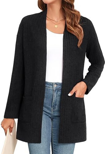 IWOLLENCE Cardigans for Women UK Long Sleeve Lightweight Cardigans Open Front Ribbed Knit Outerwear Cardigan Jumper with Pocket (Black, L)