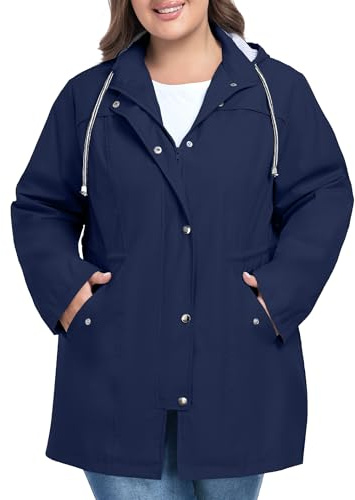 FOREYOND Regenjacken in Übergröße für Damen, lang, leicht, mit Kapuze, wasserdicht, Windbreaker, Outdoor-Reisen