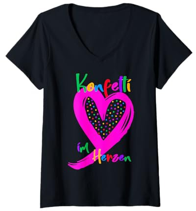 Damen Deko Herz pink Karneval Fasnacht Fasching Konfetti im Herzen T-Shirt mit V-Ausschnitt