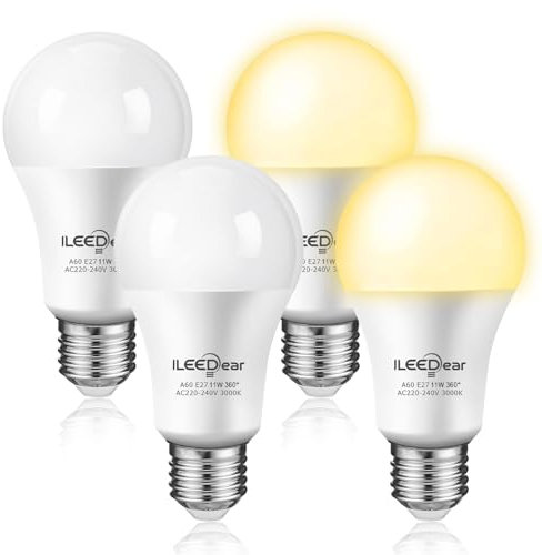 ILEEDear Bombilla LED con Sensor Crepuscular Day/Night E27 11W, Encendido Apagado Automático, Luz calida 3000K, Bombilla LED Sensor Crepuscular Exteriordia, Para Pasillo, Jardín, Terraza, 4 Pcs