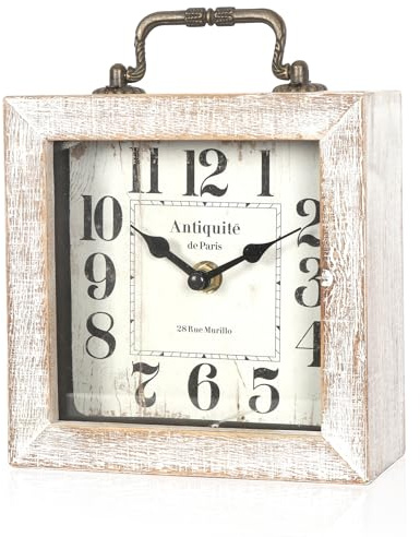 BITALYE Retro Desk Clock, White Vintage Wooden Table Clock,