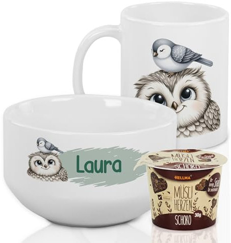GRAZDesign Frühstückset Tasse mit Müslischale personalisiert für Kinder Eule Motiv aus Keramik - Geschenkset/Eule