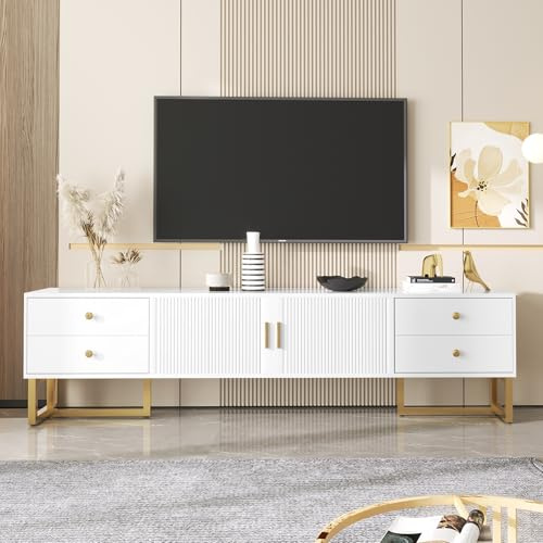 BLUON HOME TV-Schrank, niedriges Paneel mit strukturierter Tür, TV-Möbel mit Schubladen, goldenen Griffen und goldenen Füßen，Weiß