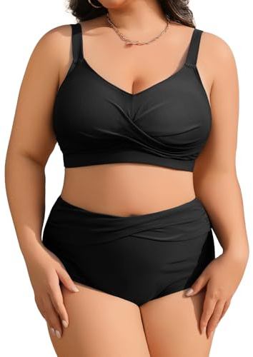 heekpek Costumi da Bagno Donna Taglie Forti Due Pezzi Vita Alta Push Up Bikini Donna Mare Imbottito Costumi Mare da Donna Scollo a V Costume per Seno Grande, Nero, XXL