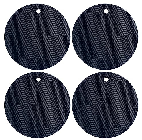 Non-Slip Silicone Heat-Resistant Trivets for Kitchen & Hot Pans, 18cm Round with Hanging Hole, Set of 4 (Balck)
