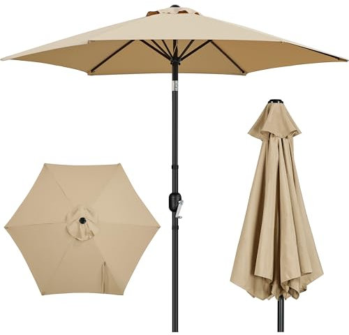 Yaheetech 2.7M Round Garden Parasol Umbrella Outdoor Sun Shade with Tilt & Crank Handle for Patio, Balcony, Deck, Pool and Beach - Tan