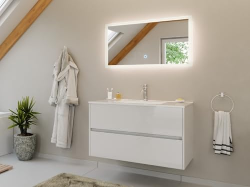 Badmöbel Set Taifun 2tlg. 100 cm mit LED Spiegel Farbe Weiss hochglanz