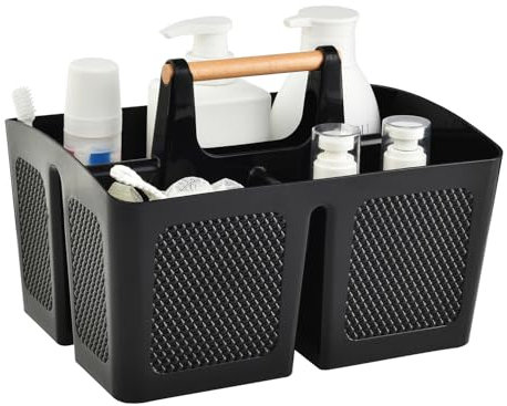 Portable Shower Caddy Basket with Compartments, Plastic Divided Cleaning Caddy Organizer Storage Tote with Handle for Bathroom, College, Dorm Room Essentials(Black)