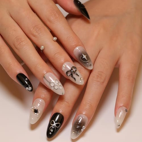 24PCS Black Gradient Almond Press on Nails – 3D Metal Bow & Pearl Design, Full Cover Handmade Fake Nails for Women, Party & Wedding Nail Art Set