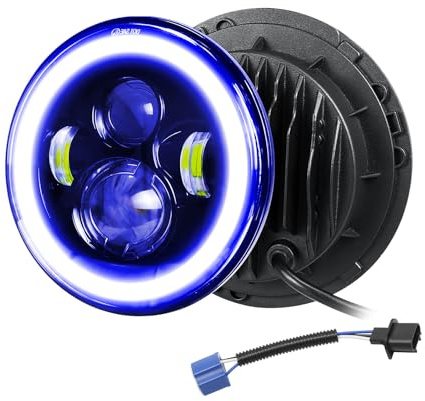 Willpower Rotondo Faro LED 7 50W per Fuoristrada Wrangler JK Moto Auto | 5000lm, 6000K Bianco + Blu, 4 Modalità di Illuminazione, DRL HI/LO Fascio Anteriore Faro Lampada Luci per TJ LJ CJ Hummer