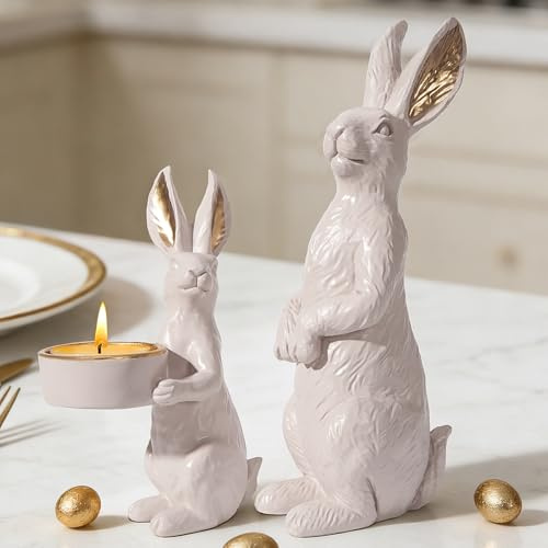 DN DECONATION Beige Osterhasen Figuren Set 2er mit Vergoldeten Akzenten & Teelicht Halter, Resin Kaninchen Statue für Elegante Wohn Deko, Hochzeit Oster Tisch Zentrum Gemütliches Geschenk für Frauen