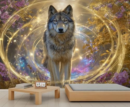 Grauer Wolf Tapete, Wildtiere, Wandbild, Indianer, Natur, Büro, Tapete, bunte Fantasie, Kindertapete für Schlafzimmer, Wohnzimmer, Wandbild, Dekor, 300 x 240 cm