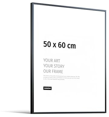 JUNOMI® Bilderrahmen 50x60 cm, Aluminium Schwarz matt, Posterrahmen | Moderner schmaler Rahmen aus Aluminium mit bruchsicherem Acrylglas, Hoch- und Querformat, für Fotos, Poster und Kunstdrucke
