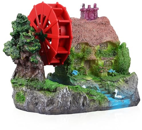 LIGHTAOTAO Aquarium Dekoration Wasserrad Steinhaus aus Harz Miniatur Landschaftsornament mit Drehbarem Windrad Unbedenklich für Fischbecken und Glasbehälter