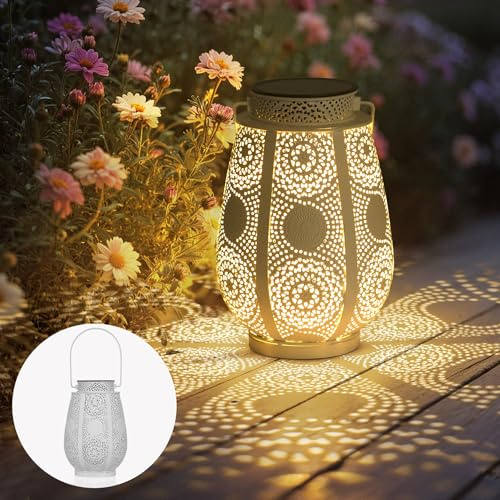 Bonsery Solarlaterne für Außen Hängend/Stehend, Orientalische Solar Laternen IP65 Wasserdicht Metall, 15LM LED Groß Solarlampen für Außen Garten Deko Patio Baum Camping Rasen Hof(Weiß)