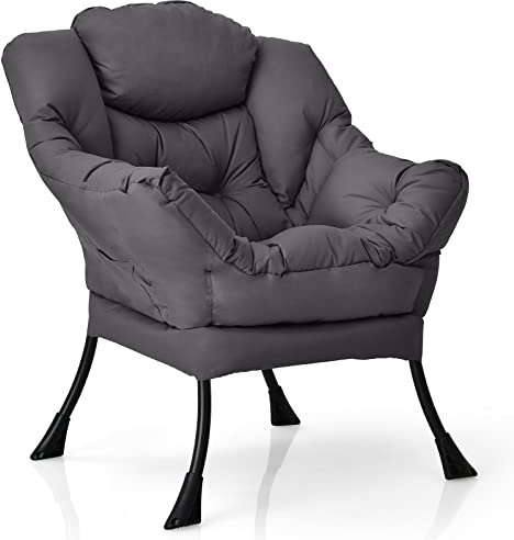 COSTWAY Armchair Accent Chair, Fabric Upholstered Lounge Armchair Leisure Reading Chair with Side Pocket, Metal Frame Comfy Seat Lazy Sofa Chairs for Living Room Bedroom (without Footstool, Dark Grey)