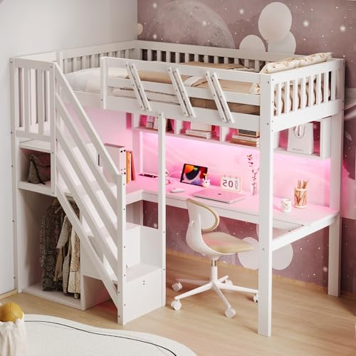 RIAZOS Kinderbett Hochbett 90x200 cm, Treppe mit Kleiderstange und Regale | Schreibtisch mit LED USB, Jugendbett, Massivholzrahmen mit Lattenrost, Weiß, ohne Matratze