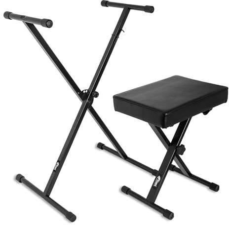 Tiger X-Frame Keyboard Stand & Piano Bench Bundle - Black | Height-Adjustable Single-Braced Stand & 4-Level Padded Foldable Seat for Digital Piano, Synthesiser & Keys