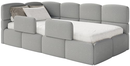 Selsey Jugendbett 120x200cm Grau Bouclé Stoff mit Stauraum und Lattenrost, Polsterbett Kinderbett mit 2 Schutzbarrieren, Jugendbett linksseitig mit Bettkasten und Eckkopfteil