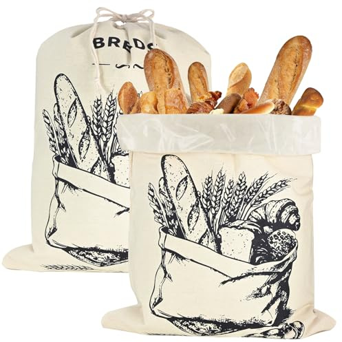 ZOVRIXIA 2 Piezas Grande Bolsa de Pan de Lino con Forro TPU 45x35 cm | Bolsa Pan Tela para Conservación el Pan Fresca, Sostenible y Lavable Bolsa para Pan con Cordón Reutilizable