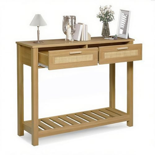 GRAVFORCE Konsolentisch schmal Console Table mit 2 Schublade, offene Ablage, Beistelltisch mit Kippschutz Flur Möbel, Sofatisch für Eingang, Wohnzimmer, Rattan (Holzfarbe)