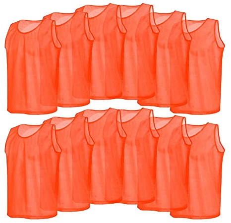 Dilwe 12 x Fußballwesten für Erwachsene, atmungsaktiv, Premium-Polyester, für Fußball-Team-Übungen, Größe: 64 (L) x 54 cm (B), Orange
