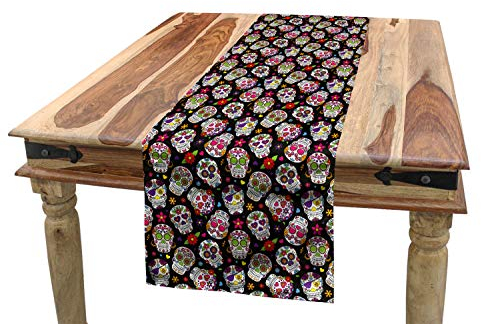 ABAKUHAUS Zuckerschädel Tischläufer, Mexiko Themed Entwurf, Esszimmer Küche Rechteckiger Dekorativer Tischläufer, 40 x 180 cm, Schwarz Magenta