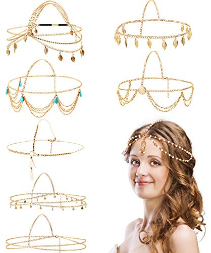 8 Stücke Gold Schmuck Boho Stirnband Kopf Kette Münzen Perle Quaste Kette Haarband Festival Abschlussball Hochzeit Kopfschmuck für Frauen und Mädchen (Stil A)