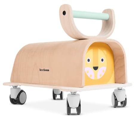 Beeloom - Lauflernhilfe, LIONER, Balance, Naturholz, Baby- und Kleinkindlauflernhilfe mit Ablage, ab 1 Jahr, 360° Räder, gelb, Löwendesign
