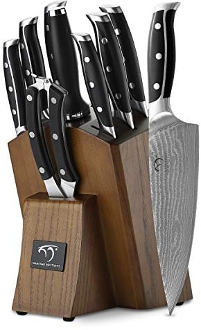 NANFANG BROTHERS 9 Pieces Kitchen Knife Set With Block, Damascus Professional Steel Chef's Knife Set With Sharpener and Scissors