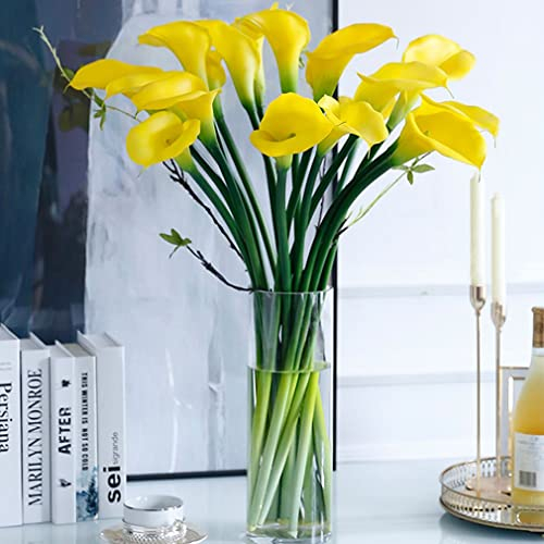 DUYONE Künstliche Blumen Calla Lilly 64 cm großer Latex-Blumenstrauß, weich, fühlen Sich an mit langem Stiel, 5 Stück für Zuhause, Wohnzimmer, Schlafzimmer, Esstisch, Büro, Hochzeit,(gelb)