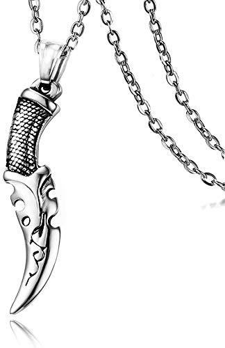 GulCean Dagger Necklace for Men Titanium Steel Vintage Pattern Punk Rock Hip Hop Goth Hippie Cool Stylish Fun Scimitar Short Sword Knife Darts Pendant Necklace for Women (Silver)