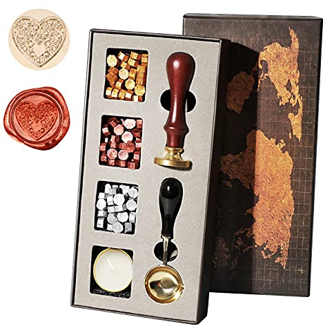 Wachssiegel Stempel Set, Vintage Retro Wax Wachs Siegel Stempel Kit mit Siegel Wachs Perlen und Schmelzlöffel für Einladungskarten Briefe Umschläge (Herz)