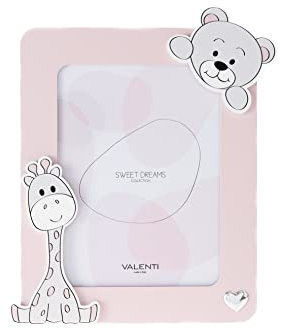 VALENTI & CO. - Rosa Fotorahmen aus Holz mit Zoo-Tieren, zum Aufhängen als Dekoration im Kinderzimmer, Geschenkidee für Neugeborene und Kinder - 13 x 24 cm