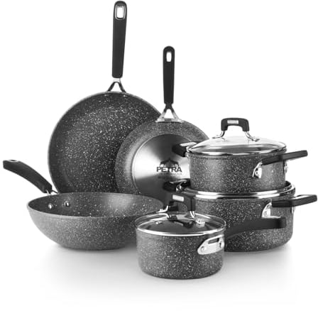 Set pentole e padelle KASANOVA New Petra Dark, antiaderente, induzione e forno fino a 180°C, con presina e cucchiaio (9, Pezzi)
