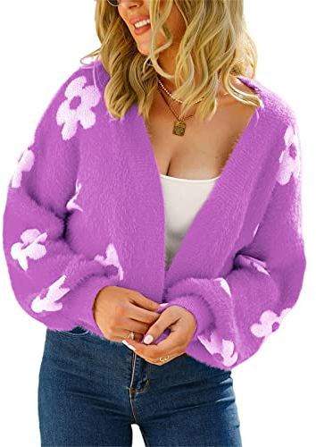 HEYPORK Damen Herbst Winter Warm Bequem Pullover Casual Mode Strickjacke Strickpullover Frauen Herbst Strickjacke StraßE Hipster Kurz Gestrickt Pullover Blumen Pullover(Lila, L)