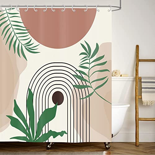 ASDCXZ Duschvorhang Boho Kunst Sonne Blätter Linien Abstrakt Moderne Beige Bad Duschvorhänge Waschbar Polyester Textil Wasserdicht braun Duschrollo für Badewanne mit 12 Duschvorhang Haken,180x240 cm