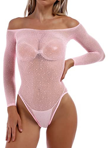 IBAKOM Women's Sparkly Glitter Rhinestone Fishnet Sheer Mesh Bodysuit Long Sleeve Leotard Top Teddy Lingerie Catsuit Stage Clubwear Nightclub Rave Outfit Light Pink One Size