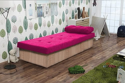 KIER FURNITURE Berta BIS Schlafsofa – Einzelbett – Bett Mit Matratze – Gästebett Klappbar – Bonell-federsystem – Polyurethanschaum – Ziernähte – 190x80x38cm – Eiche Sonoma + Stoff Rosa